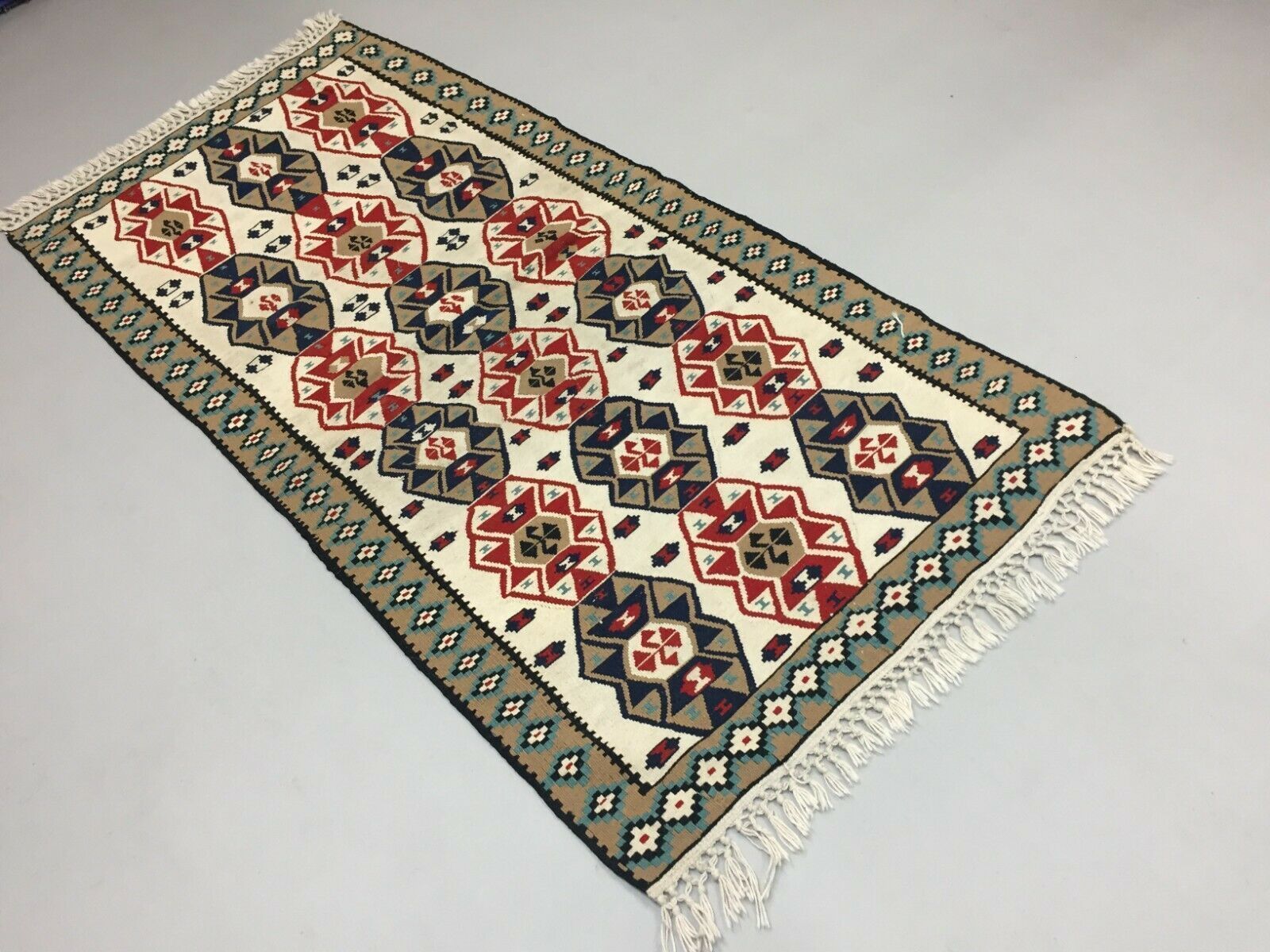Vintage Turkish Kilim 190x96 Cm Wool Kelim Rug Red Green Beige Navy Blue Medium photo furniture