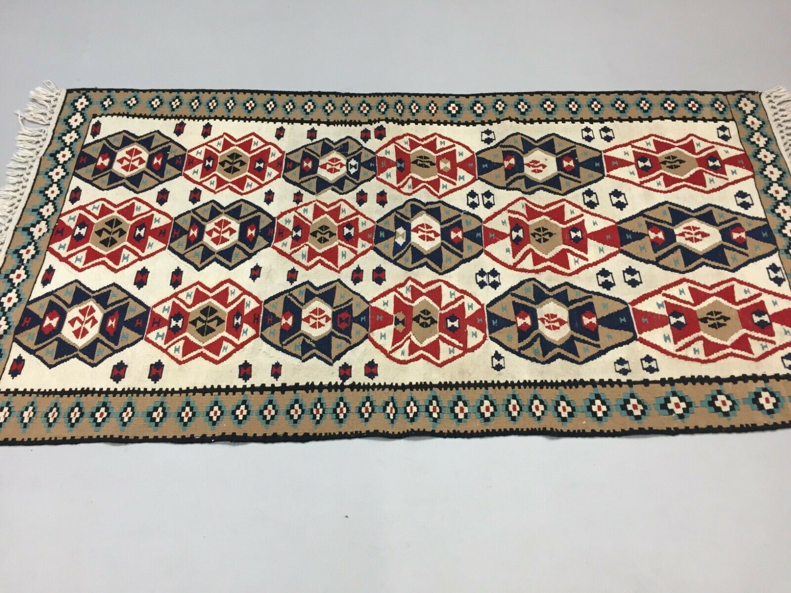 Vintage Turkish Kilim 190x96 Cm Wool Kelim Rug Red Green Beige Navy Blue Medium photo for sale