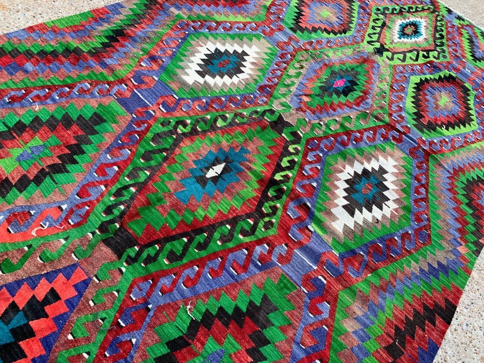 photo furniture Vintage Turkish Kilim 340x183 Cm Wool Kelim Rug Large Purple, Green, Black, Blue