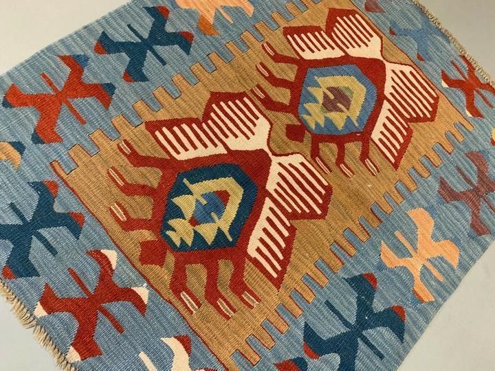 Small Vintage Turkish Kilim 107x86 Cm Wool Kelim Rug Red Blue Brown photo buy