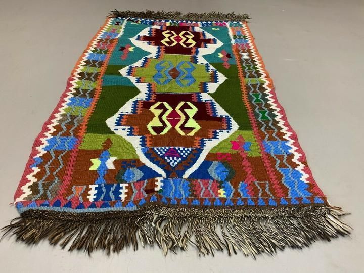 Small Vintage Turkish Kilim 134x85 Cm Wool Kelim Rug Indigo Red Blue Black Grey photo for sale