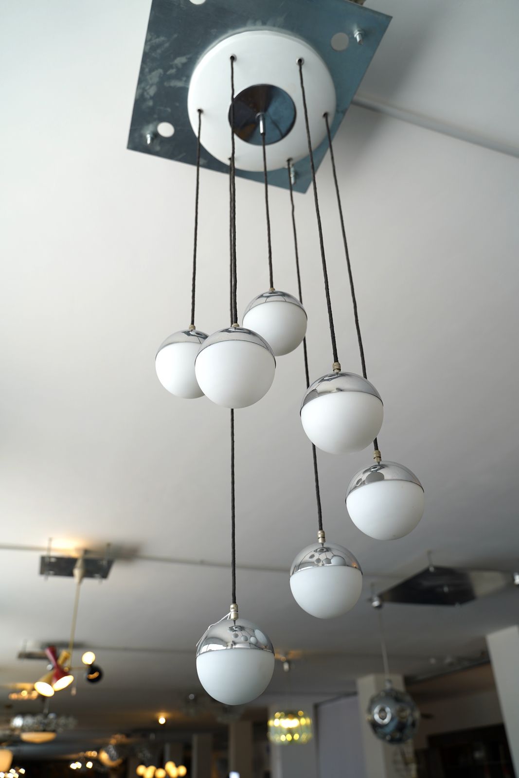 Seven Opaline Glass Spheres Italian Pendant Chandelier By Stilnovo, 1960s