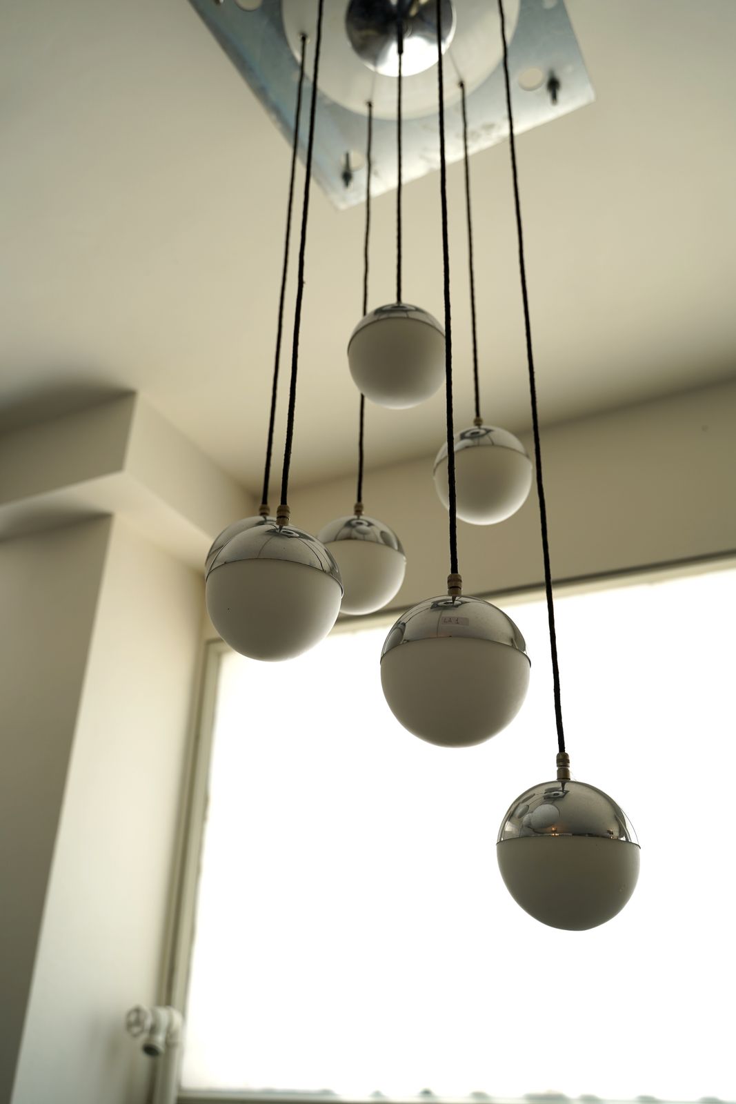 photo for sale Seven Opaline Glass Spheres Italian Pendant Chandelier By Stilnovo, 1960s