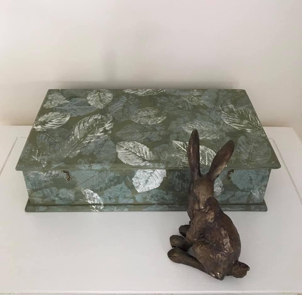 Large Hand Painted Wooden Box, Vintage Wooden Box, Leaf Pattern photo vintage