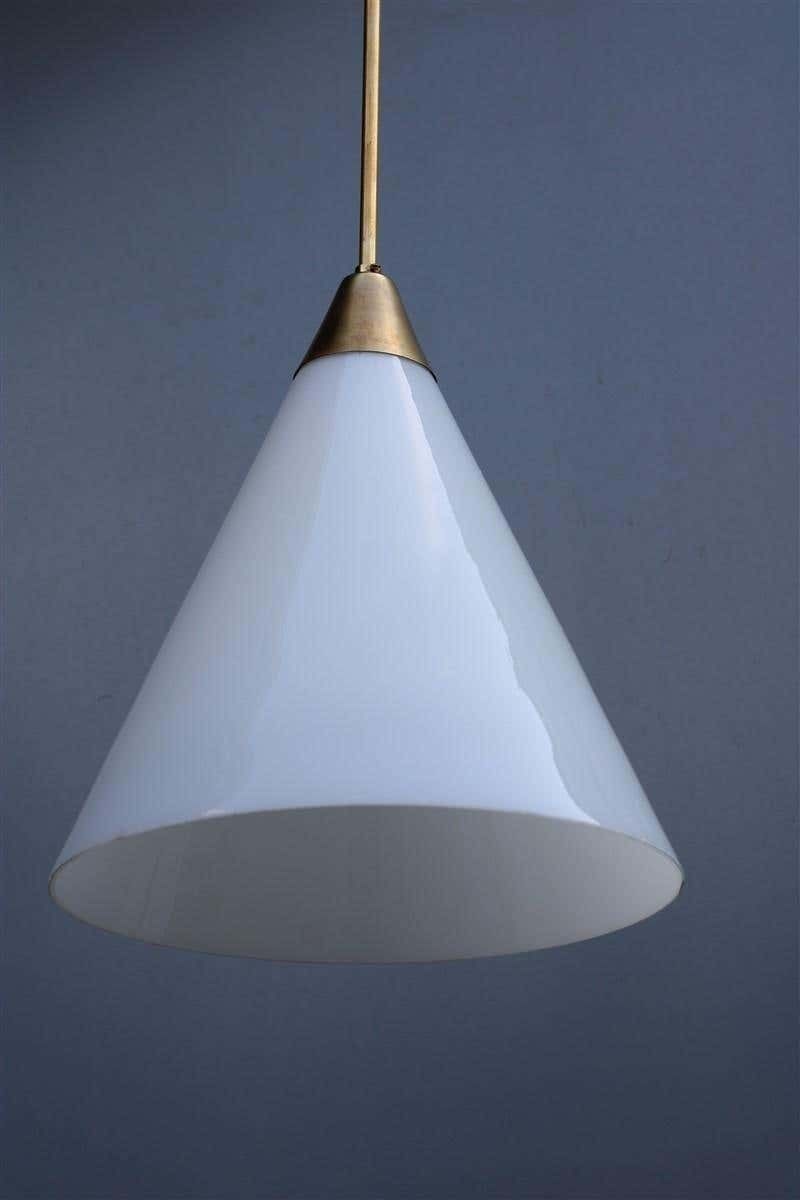 Minimal Midcentury Italian Design Chandelier Brass Gold White Glass Stilnovo photo Lighting