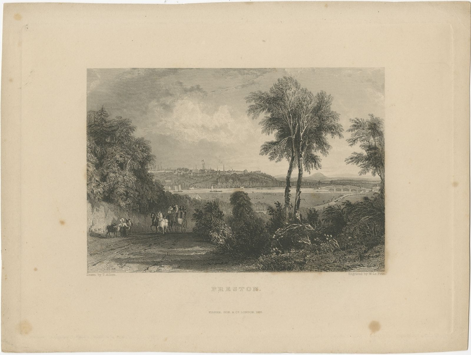Antique Print Of River Ribble And Preston By Fisher (1833)
