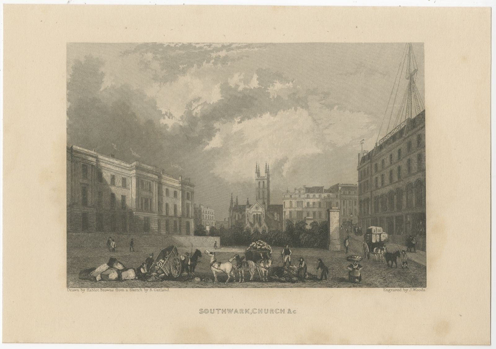 Antique Print Of Southwark By Woods (C.1840)