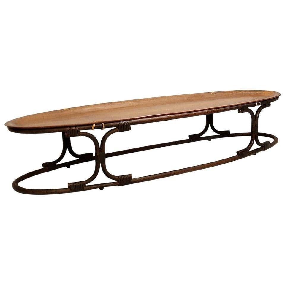 Oval Italian Teak Coffee Table, Plywood Top, Bamboo And Leather Rope