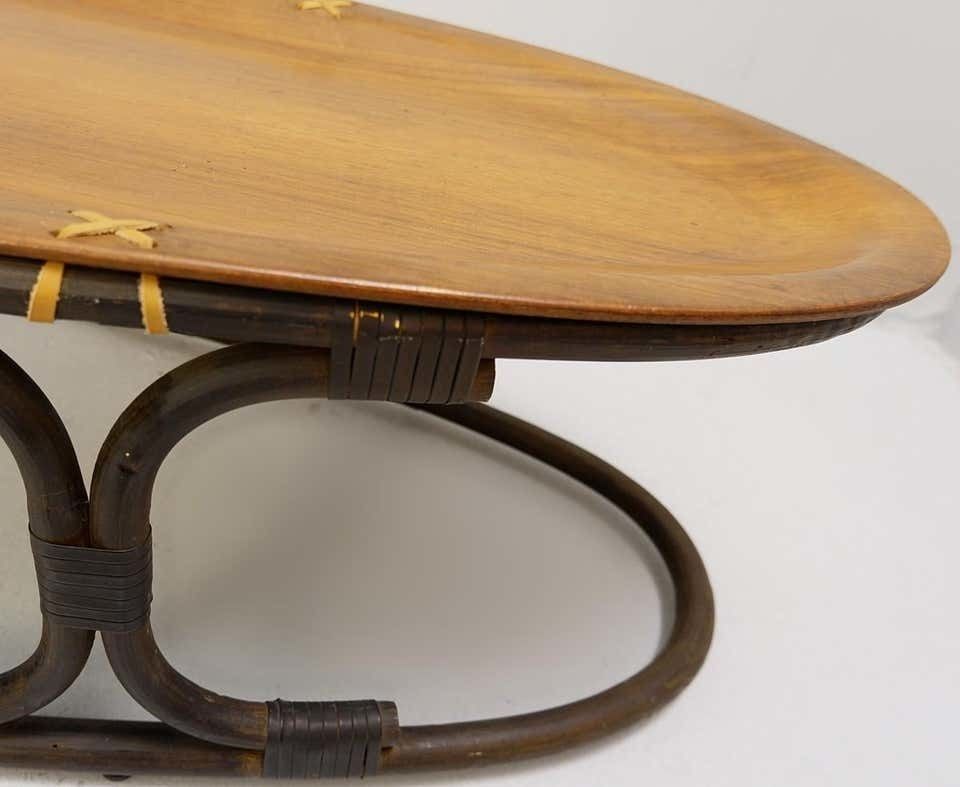 Oval Italian Teak Coffee Table, Plywood Top, Bamboo And Leather Rope photo for sale
