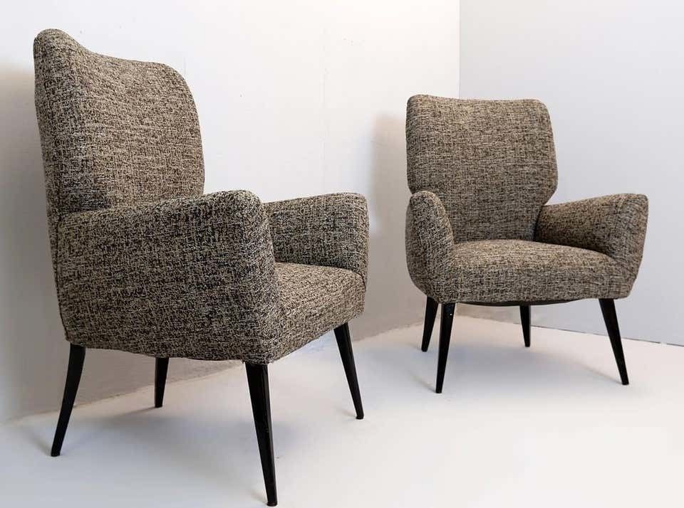 Pair Of Armchairs Black Lacquered Wood Legs, New Upholstery, Italy, 1950s photo vinterior