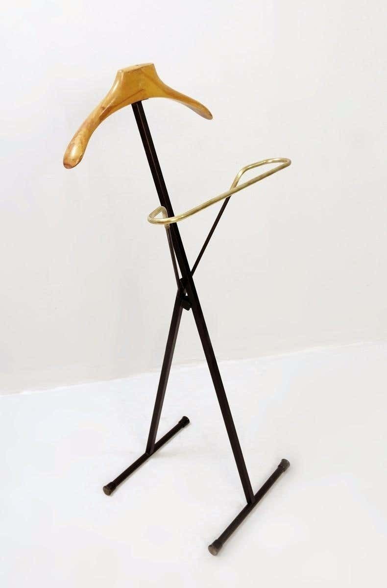 Italian Black Metal, Wood And Brass Folding Valet Stand, 1950s