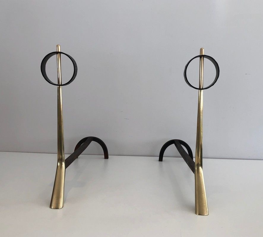 Pair Of Beautiful Modernist Bronze And Wrought Iron Andirons photo furniture