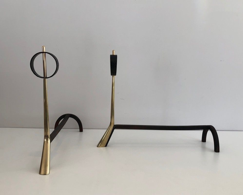 Pair Of Beautiful Modernist Bronze And Wrought Iron Andirons photo Home Fixtures