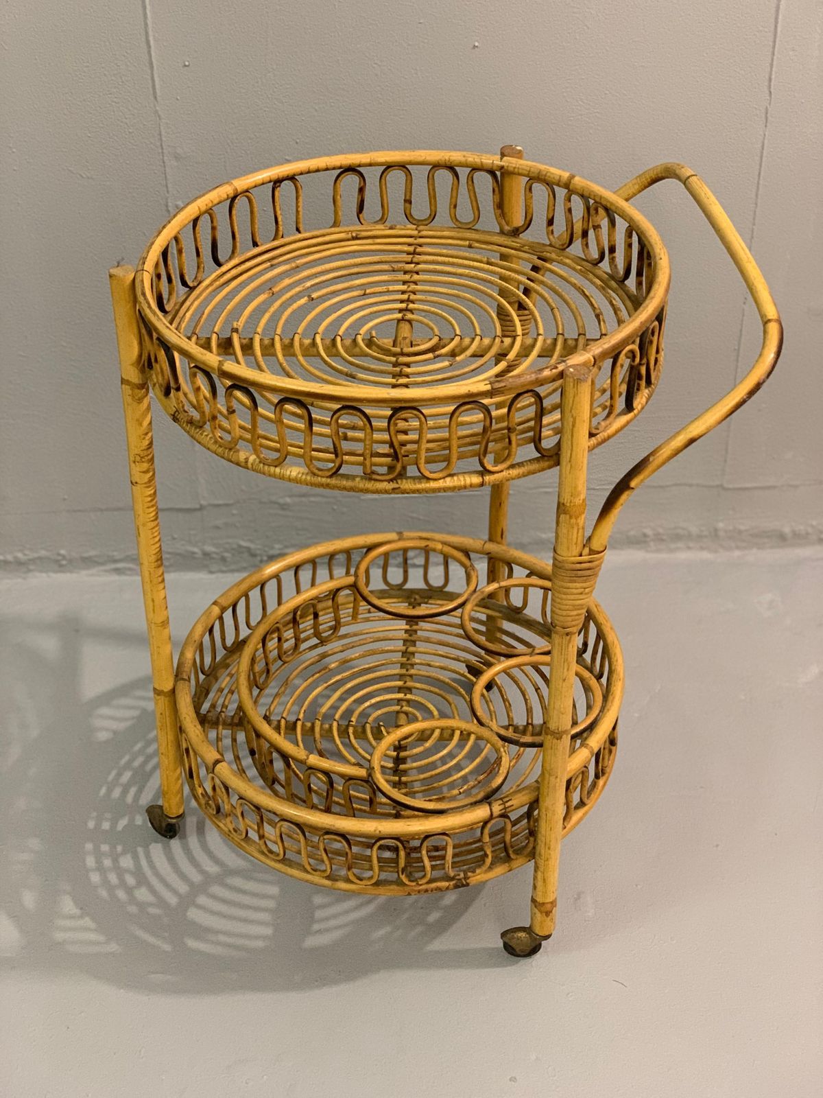 Italian Bamboo And Rattan Round Service Side Bar Cart, 1960s photo furniture