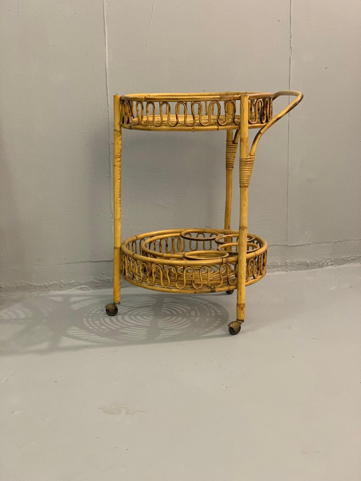 Italian Bamboo And Rattan Round Service Side Bar Cart, 1960s photo for sale