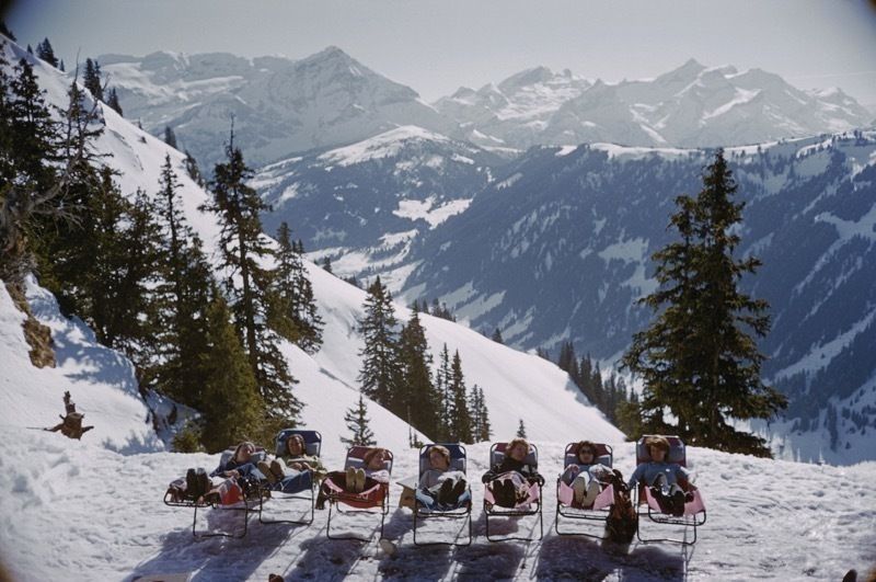 Slim Aarons 'Lounging In Gstaad' Skiing Austria Oversize C Type Print Framed In White photo furniture
