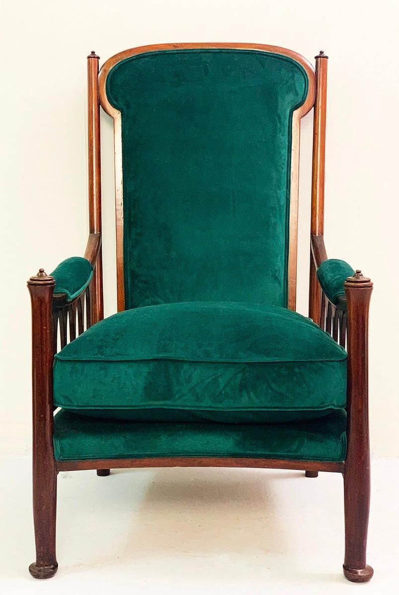 English Art Nouveau Armchair, New Green Velvet Upholstery photo Furniture