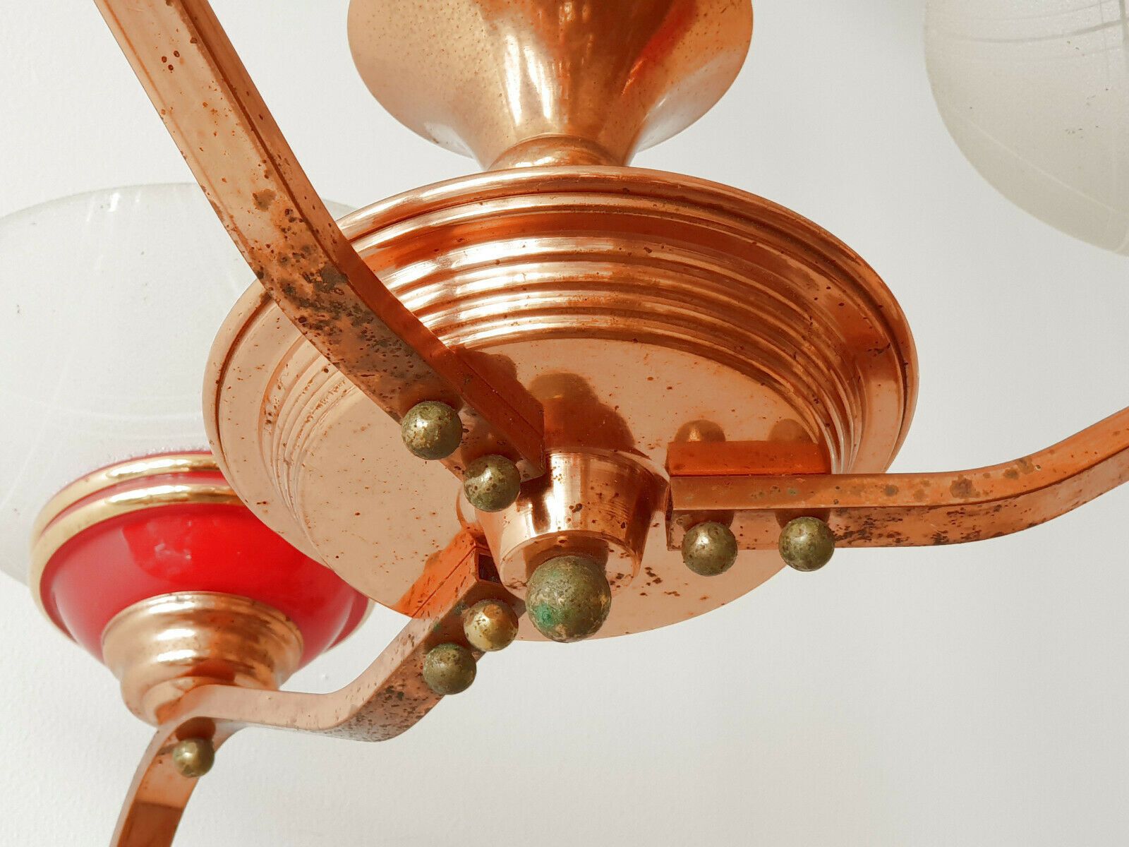 Plafondluster Uit De Jaren 1950 In Koper En Glas – Vintage photo Verlichting