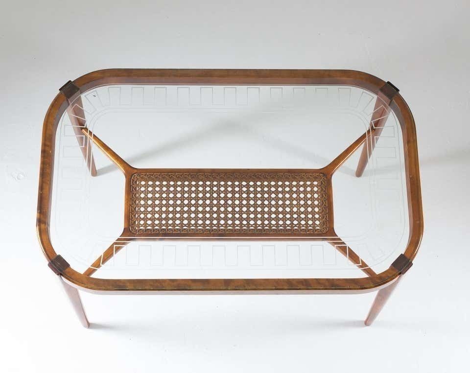 Swedish Modern Coffee Table In Birch, Glass And Rattan By Bodafors, 1940s photo buy