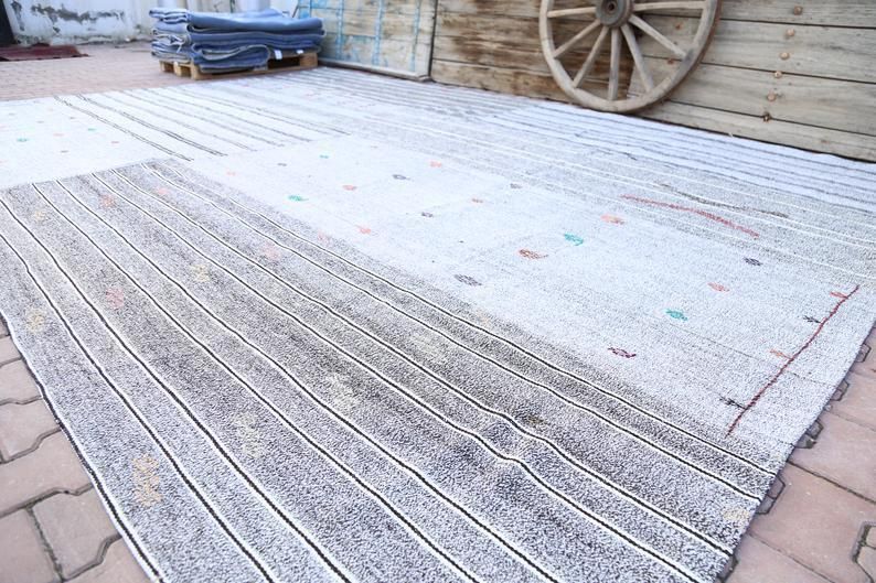315x457 Cm Turkish Kilim, Flatweave Rug, Large Rug, Oushak Rug, Turkish Rug, Vintage Rug, Oversized Rug, White, Gray, Striped, Wool, Handwoven photo Textiles