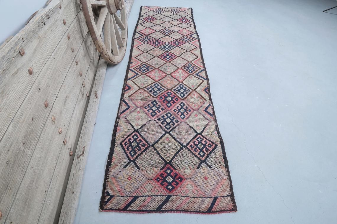 86x350 Cm Turkish Runner Rug, Pink Faded Beige, Wool Vintage Runner, Handmade, Oushak Turkish Rug, Hallway Runner, Home Decor, Diamond