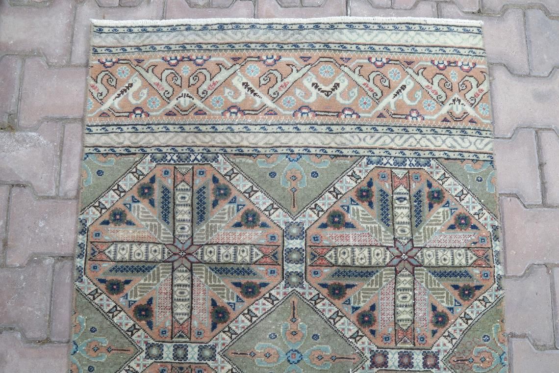 85x290 Cm Hallway Turkish Runner, Geometric, Vintage Runner, Wool, Handmade, Oushak Runner, Bohemian Runner, Long Runner, Pastel Soft photo buy