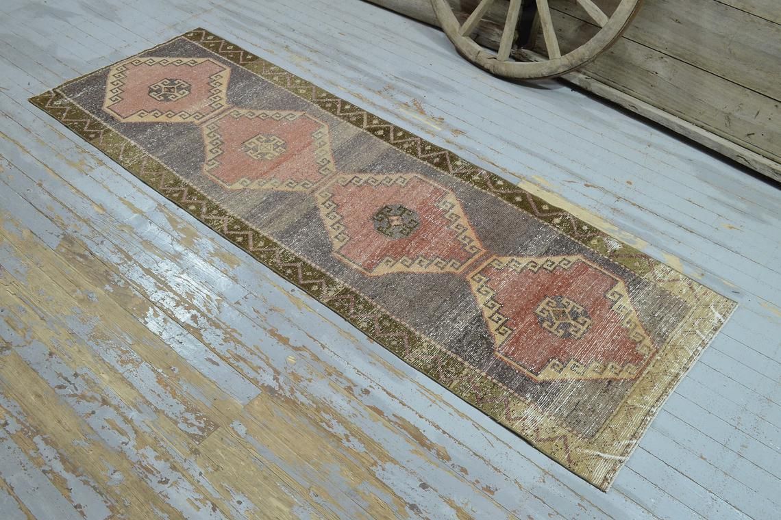 97x292 Cm Geometric Runner, Turkish Runner, Vintage Runner, Handmade Runner, Runner Rug, Red Runner, Faded, Distressed, Original Vintage, Rug