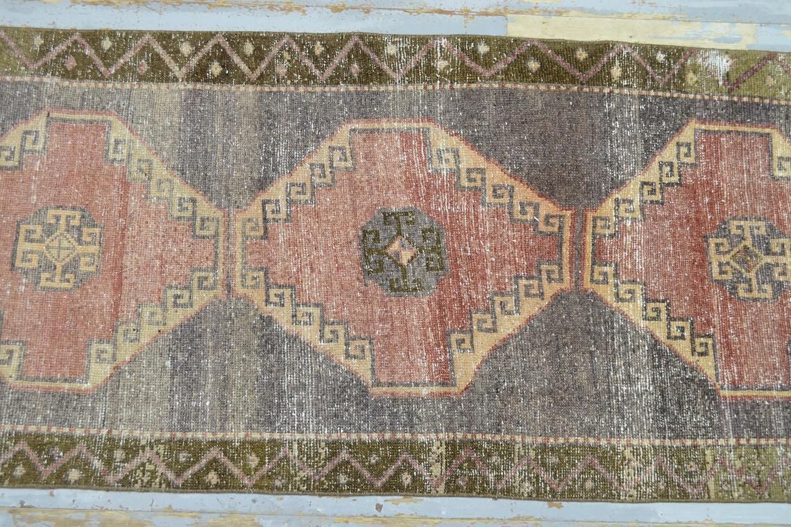 97x292 Cm Geometric Runner, Turkish Runner, Vintage Runner, Handmade Runner, Runner Rug, Red Runner, Faded, Distressed, Original Vintage, Rug photo Textiles