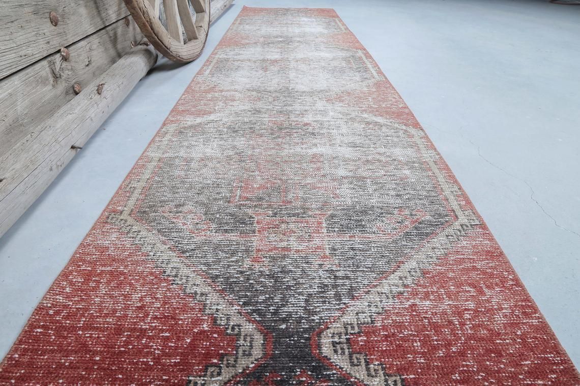 83x386 Cm Turkish Vintage Runner, Rugs Runners, Wool Rug, Bohemian, Home Decor, Turkish Rug Runner Faded Distressed Red Boho Decor Diamond photo furniture