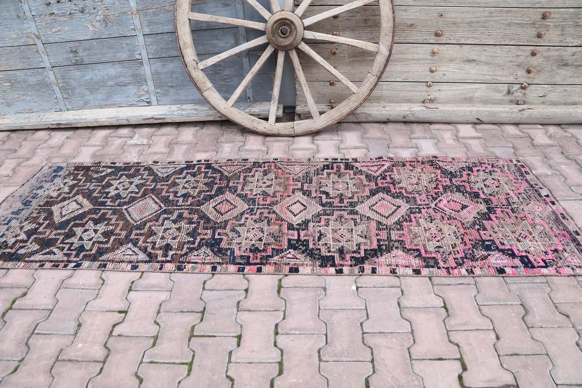 86x274 Cm Vintage Turkish Runner, Wool Rug Handmade, Oushak Runner, Turkish Rug, Hallway Runner, Farmhouse Decor, Rugs, Pink Faded Diamond 3x9 photo Textiles