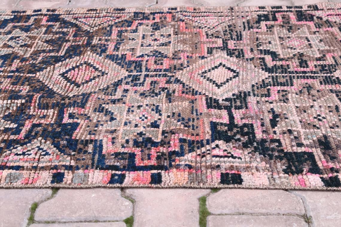 86x274 Cm Vintage Turkish Runner, Wool Rug Handmade, Oushak Runner, Turkish Rug, Hallway Runner, Farmhouse Decor, Rugs, Pink Faded Diamond 3x9 photo vinterior