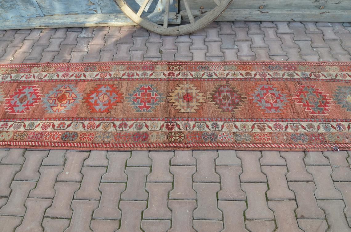 84x372 Cm Geometric Runner, Herki Runner, Vintage Runner, Turkish Runner, Oushak Runner, Handmade, Wool Runner, Bohemian Runner, Shabby Chic photo Textiles