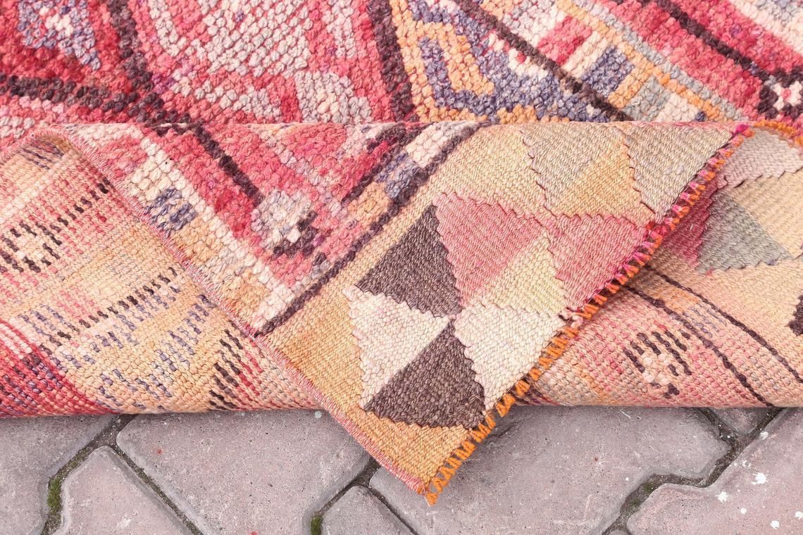 photo for sale 80x367 Cm Hallway Turkish Runner, Herki, Vintage Runner, Wool, Handmade, Oushak Bohemian, Long Runner, Geometric, Pink, Shabby Chic Rugs