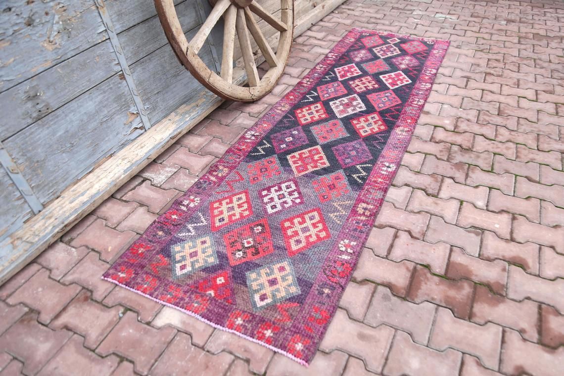 77x285 Cm Hot Pink Runner Rug, Purple Tones, Handmade Wool Geometric Long Rug, Turkish Vintage Rug, Hallway Runner, Corridor Rug, Shabby Chic photo furniture