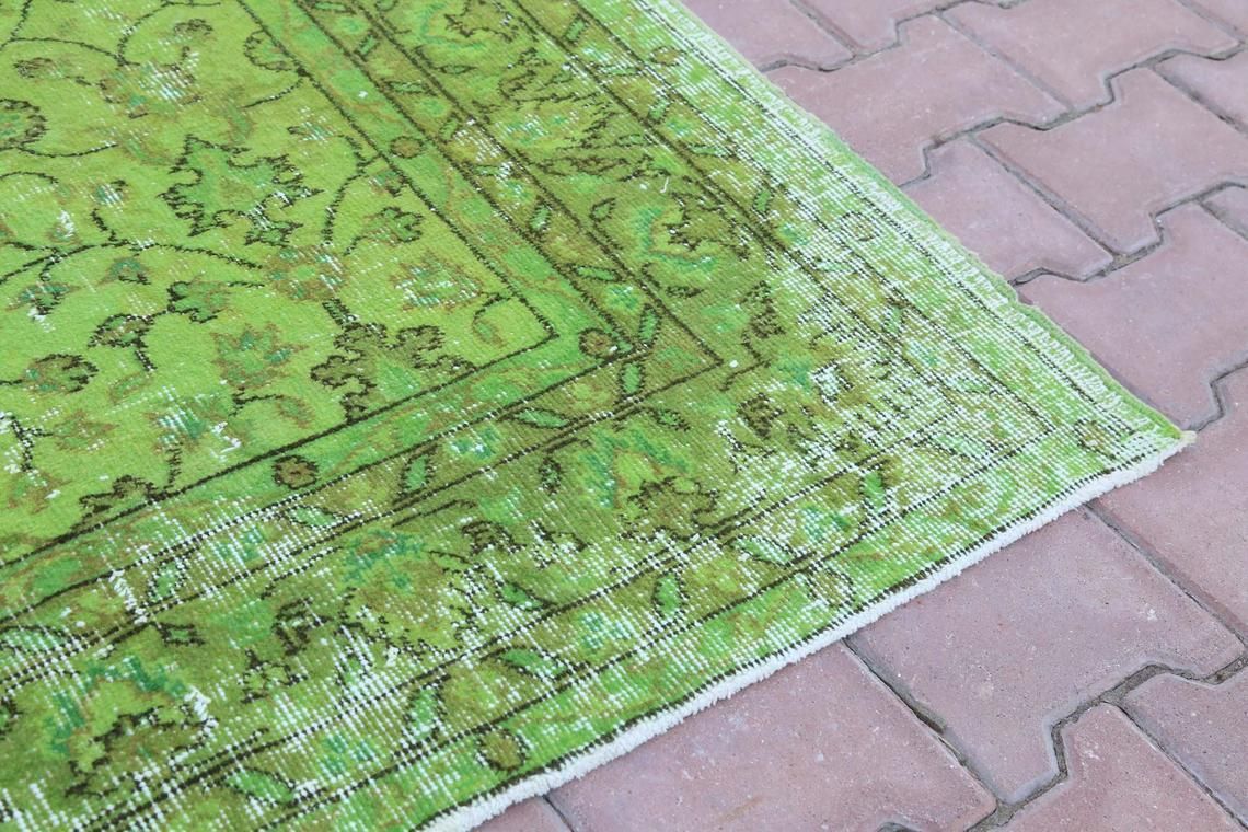 206x305 Cm Modern Area Rug, Luxury Vintage Turkish Rug, Bohemian Oushak Rug, Green Floral Rug, Wool Rug, Home Decor, Green, Turkey Rug, Rugs photo vinterior