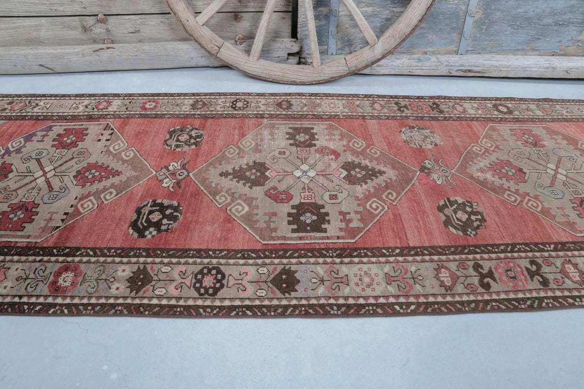 106x336 Cm Turkish Runner Rug, Vintage Runner Rug, Turkish Oushak Rug, Home Decor, Rugs, Rug Runner Long, Carpet, Faded Coral Red Luxurious photo Textiles