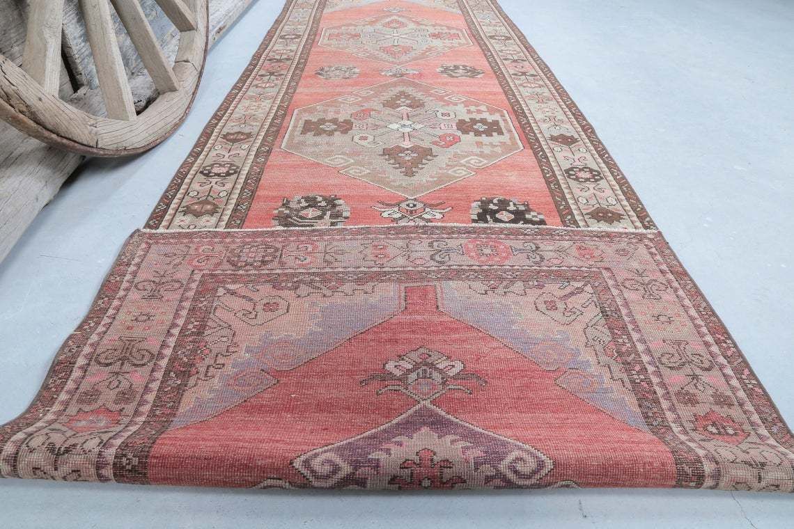 photo for sale 106x336 Cm Turkish Runner Rug, Vintage Runner Rug, Turkish Oushak Rug, Home Decor, Rugs, Rug Runner Long, Carpet, Faded Coral Red Luxurious