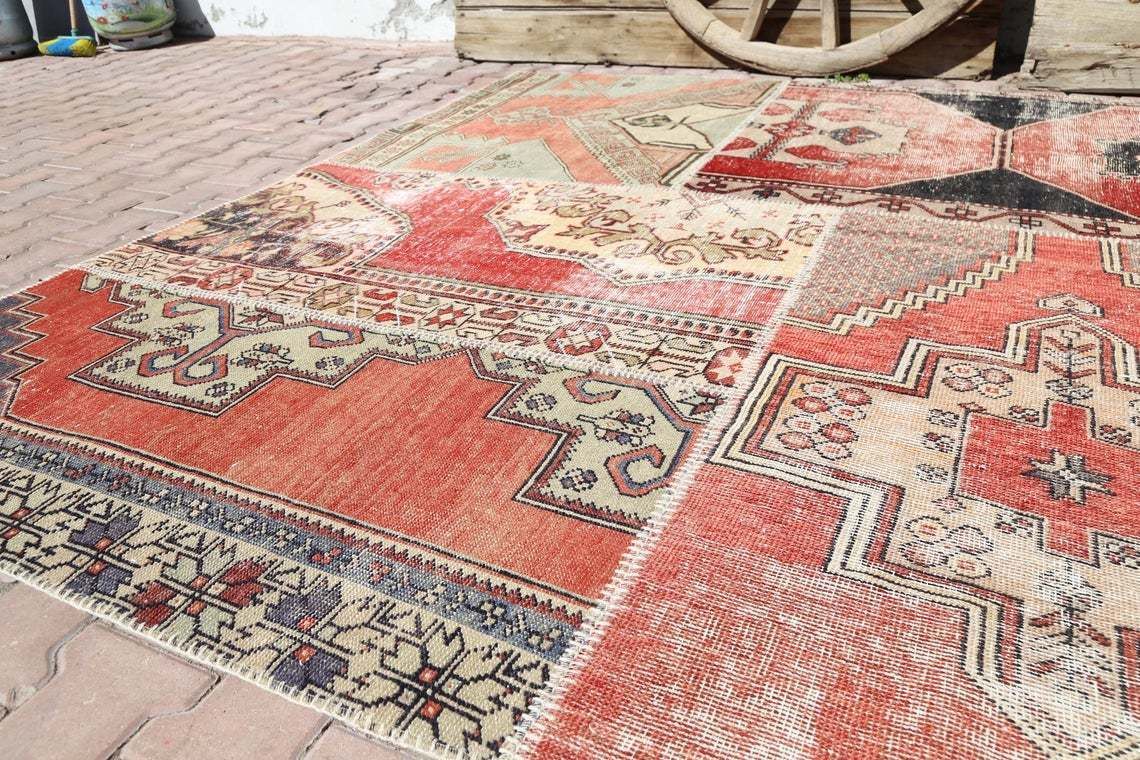 Turkish Area Rug, Patch Rug, Vintage Rug, Modern, Art, Oushak Bohemian Wool Patchwork Rug, Natural, Handmade, Farmhouse Decor photo for sale