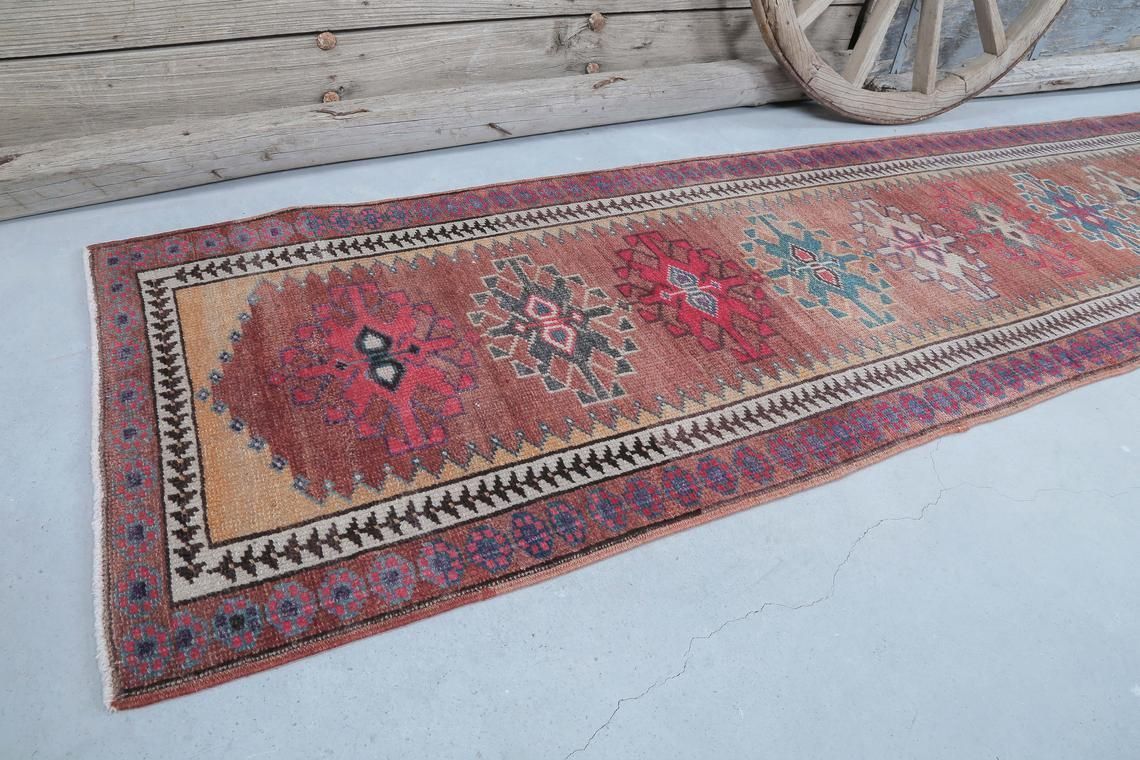 88x370 Cm Vintage Runner, Turkish Runner, Red Orange Beige Pink Vintage Hallway Runner, Wool Herki Rugs, Bohemian Faded Mid Century Modern photo for sale