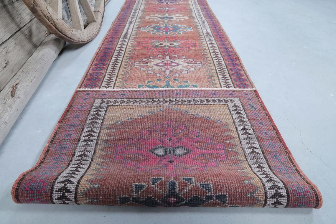 photo for sale 88x370 Cm Vintage Runner, Turkish Runner, Red Orange Beige Pink Vintage Hallway Runner, Wool Herki Rugs, Bohemian Faded Mid Century Modern