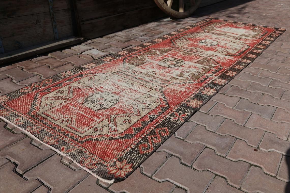 92x301 Cm Runner Rug, Turkish Runner, Red Runner, Red Rug, Vintage Runner, Turkish Rug, Rugs Runner, Distressed, Hallway Runner, Handmade Rug photo for sale