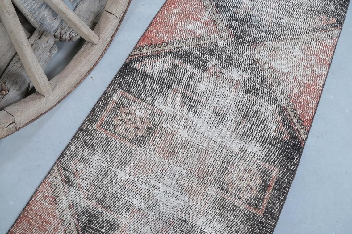 80x393 Cm Faded Red Turkish Runner Rug, Vintage Runners, Oushak Rugs, Perfect Boho Chic Luxury, Bohemian Wool Rug, Carpet, Teppich Geometric photo buy