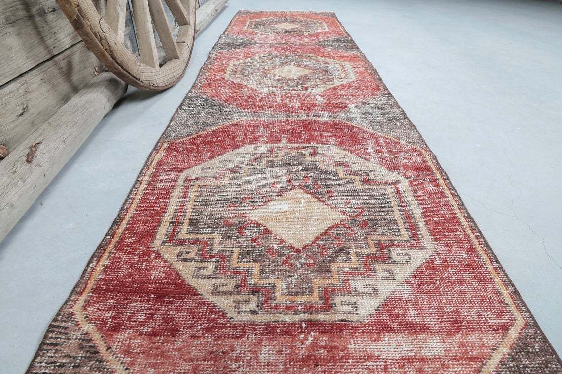 82x349 Cm Pastel Geometric Runner, Turkish Faded Red Oushak Runner Rug, Hallway Vintage Runner Handmade Runners, Kitchen Geometric Rugs