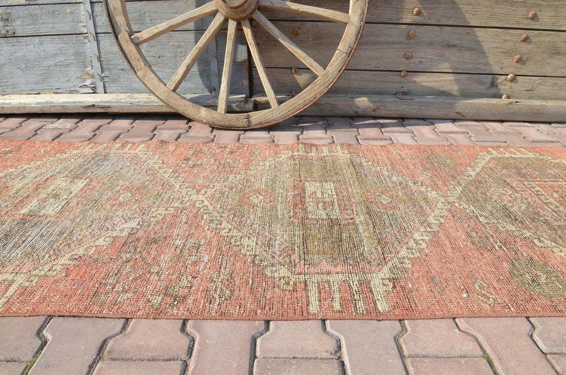 94x313 Cm Red Runner Rug, Geometric Faded Red Vintage Runner Rug, Handmade Rug, Oushak Rug, Faded Brown Diamond Wool Muted Rug, Luxury Rugs photo Textiles