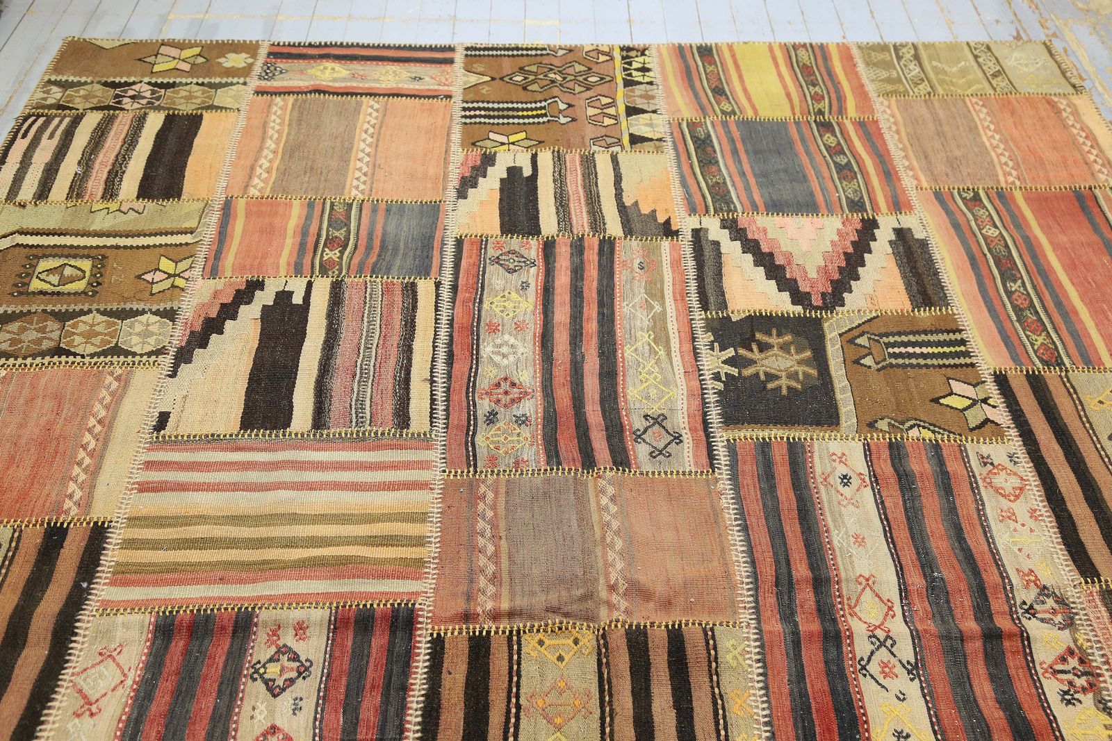 226x369 Cm Traditional Patchwork Kilim Rug, Beige Brown Colors, Natural Turkish Area Rug, Large Mid Century Modern Kilim Patchwork Rug photo 805.0
