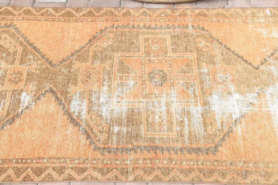 97x350 Cm Runner Rug Orange, Turkish Runner Rug, Oushak Rug, Vintage Runner Rug, Hallway Runner, Bohemian Rug, Faded Distressed Boho Luxury