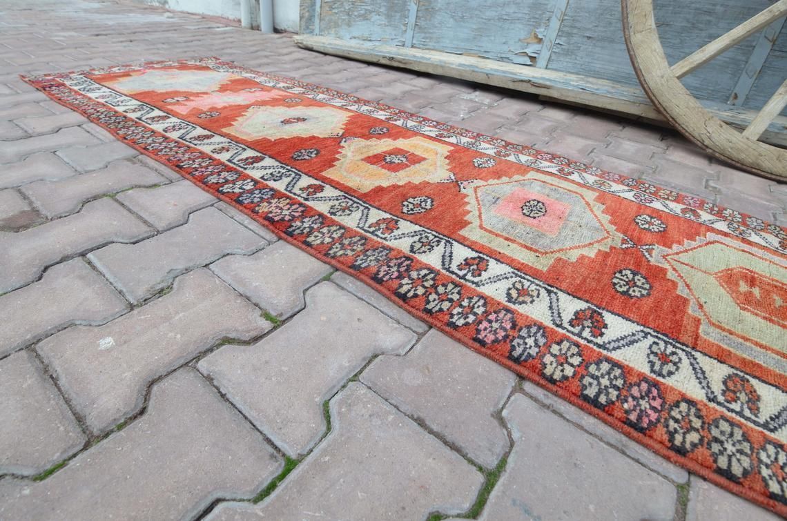 74x401 Cm Red Runner, Turkish Runner, Hallway Runner, Oushak Runner, Handmade, Wool Runner, Home Decor, Red Carpet, Vintage Runner, Red Rug photo for sale