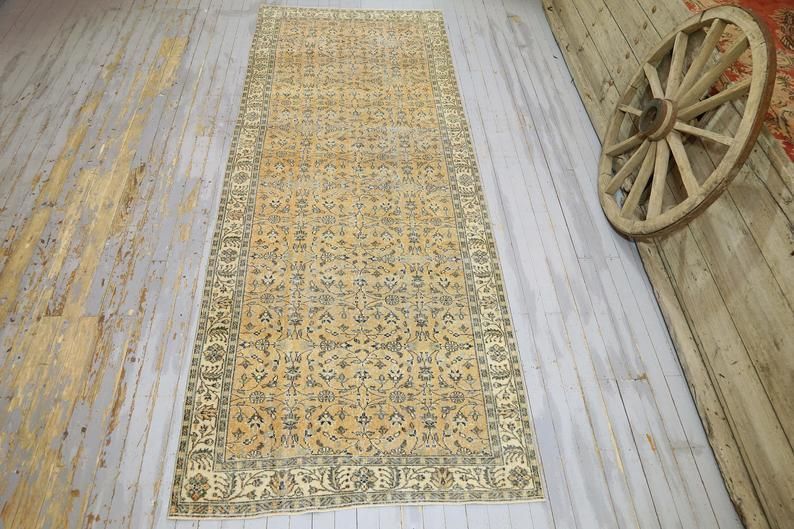 Wide Runner, Turkish Runner, Hand Knotted, Floral Runner, Turkey Rug, Hallway Runner, Home Decor, Rugs, Faded Orange, Beige Floral