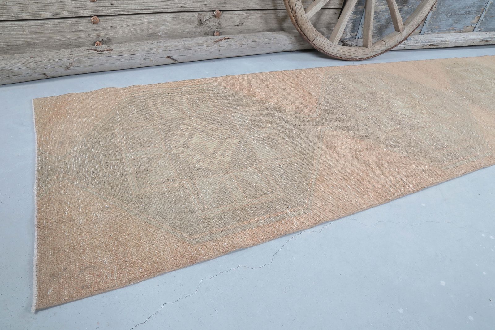 96x336 Cm Turkish Runner, Oushak Runner, Vintage Runner, Wool Handmade Rug, Turkey, Hallway Runner, Home Decor, Faded Peach Beige Neutral photo for sale