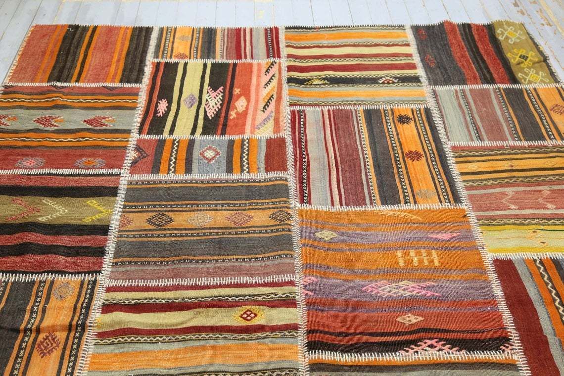 Special Design Patchwork Kilim Rug Vintage Handmade Patch Rugs Oushak Anatolian Teppich Vintage Carpet Tapis Aztec Style Boho 6.7x10 Ft photo 622.0